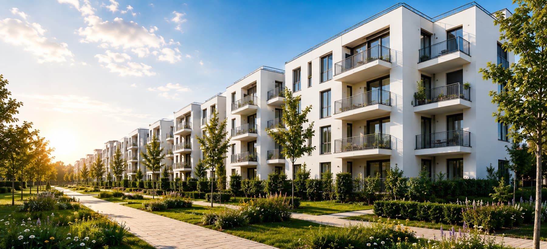 Moderne Wohngebäude mit Balkonen, davor angelegte Grünflächen